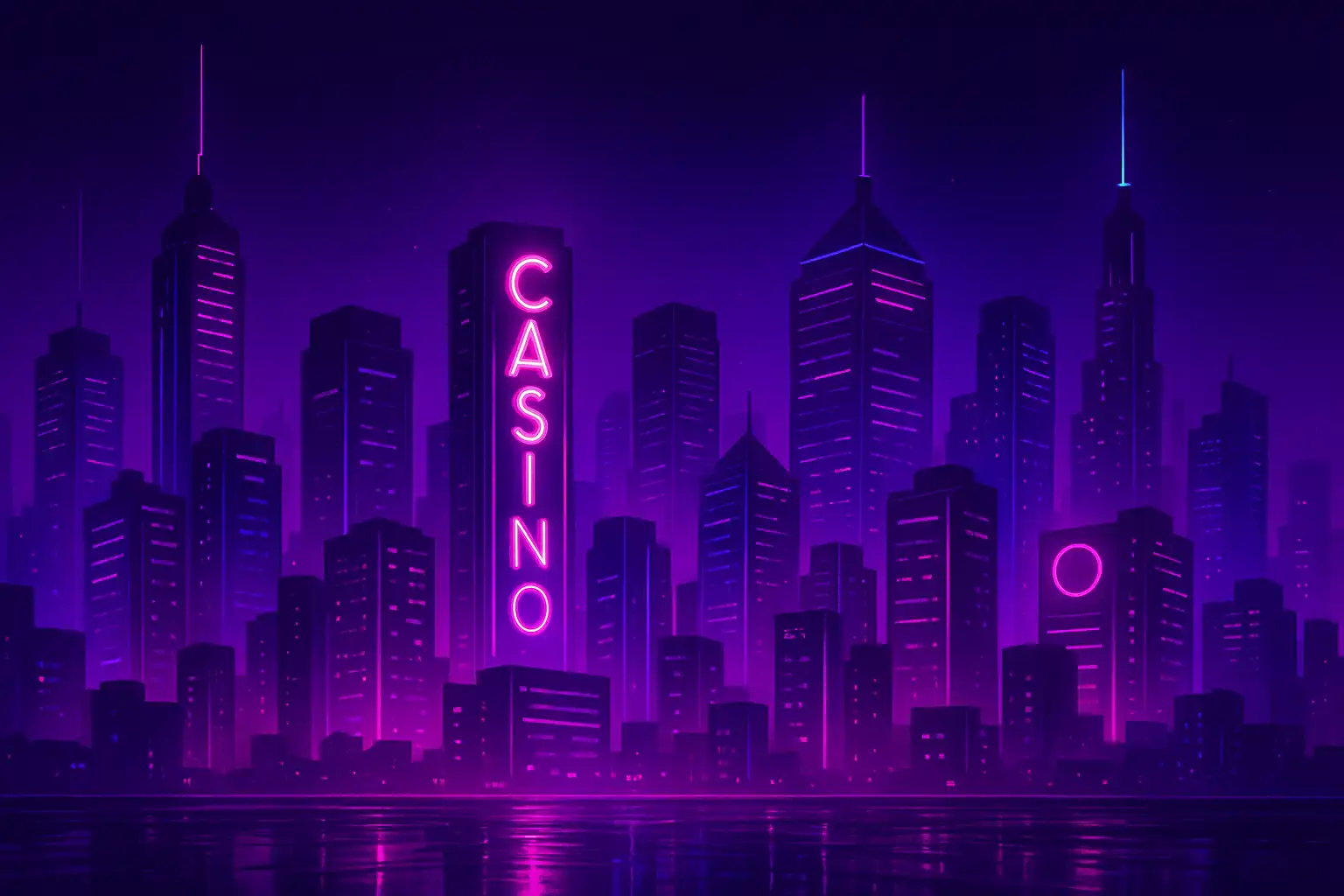 Illustrated neon cityscape skyline representing the SansCasino brand at night