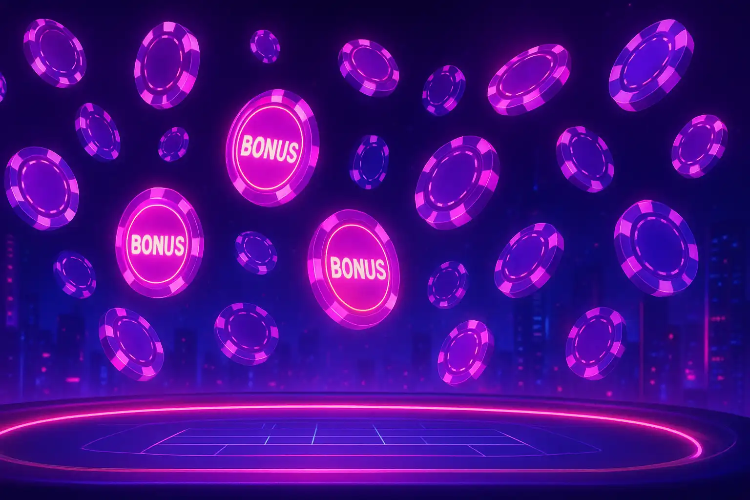 Glowing purple and pink bonus coins raining over a neon casino table