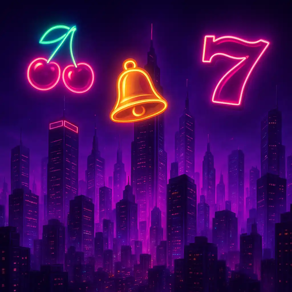 Neon night metropolis skyline with casino slot symbols floating above the city